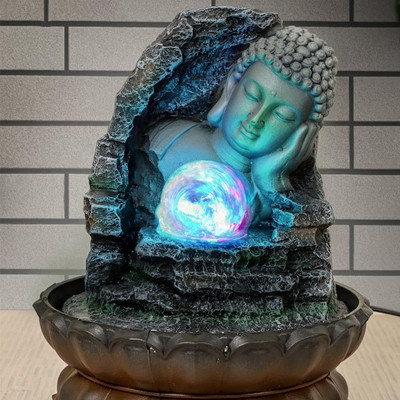 Grey & Brown Buddha Table Top Water Fountain With LED Light