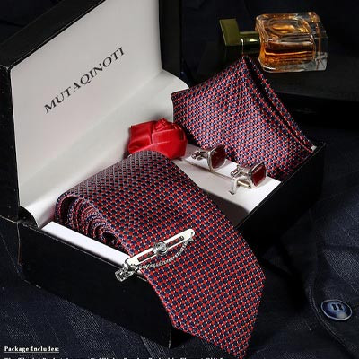 Men Red & Navy Blue Checked Suit Accessory Gift Set