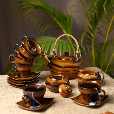Set Of 15 Brown Printed Studio Pottery Stoneware Tea Set