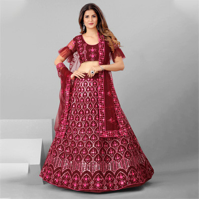 Maroon Embellished Sequinned Semi-Stitched Lehenga & Unstitched Blouse With Dupatta