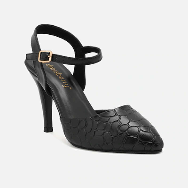 Black Textured PU Stiletto Mules with Buckles