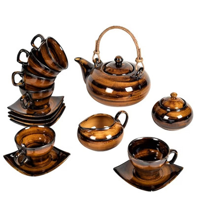 Set Of 15 Brown Printed Studio Pottery Stoneware Tea Set
