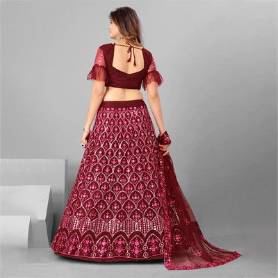 Maroon Embellished Sequinned Semi-Stitched Lehenga & Unstitched Blouse With Dupatta