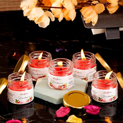 Set of 5 Red Strawberry Scented Minijar Candle