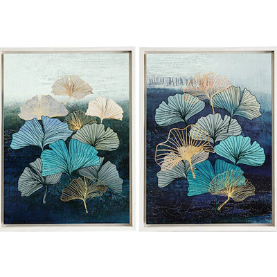 Set of 2 Blue & Gold Coloured Floral Framed Canvas Wall Art