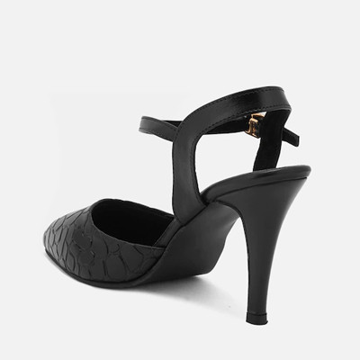 Black Textured PU Stiletto Mules with Buckles