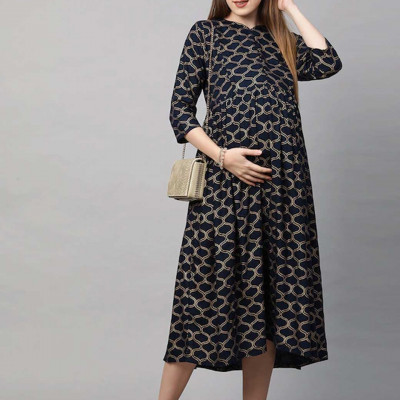 Navy Blue & Gold-Toned Geometric Printed Maternity Nursing A-Line Midi Dress