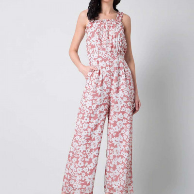 Women Pink & White Floral Printed Basic Jumpsuit