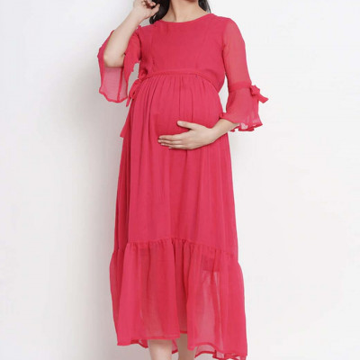 Peach-Coloured Printed Fit and Flare Maternity Feeding Nursing Dress