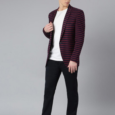 Men Navy Blue & Red Striped Single-Breasted Casual Blazer