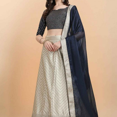 Cream-Coloured & Navy Blue Embellished Sequinned Semi-Stitched Lehenga & Unstitched Blouse With