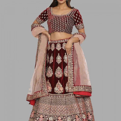 Maroon & Gold-Toned Embroidered Semi-Stitched Lehenga & Unstitched Blouse With Dupatta