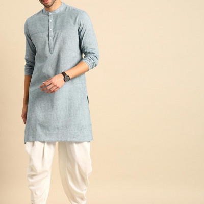 Men Blue & White Self-Design Pure Cotton Kurta with Patiala