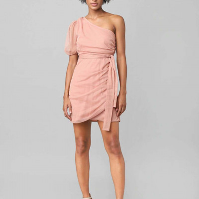 Women Pink Solid One Shoulder Mini Sheath Dress