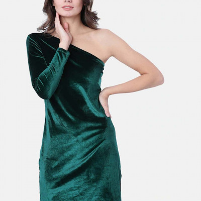 Women Green Solid One Shoulder Sheath Dress