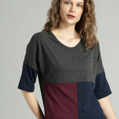 Women Charcoal Grey & Maroon Colourblocked Cotton T-shirt