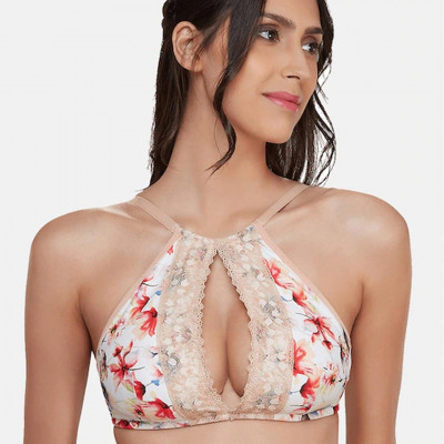 Peach-Coloured Printed Non-Wired Lightly Padded Sustainable Bralette Bra