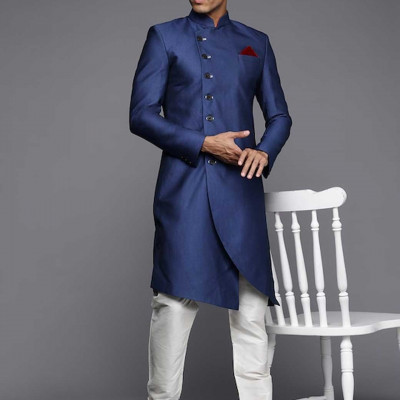 Men Blue & Off White Solid Sherwani Set