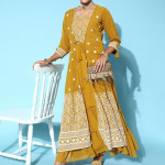 Women Bright Mustard Yellow Georgette Sequins Embroidery Party Wear Gown