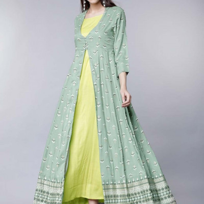 Women Green Solid Layered Maxi Dress with Front Open Jacket