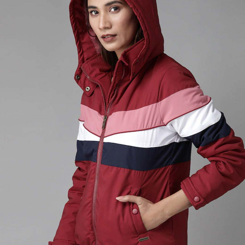 Women Maroon & Navy Blue Striped Hooded Padded Jacket