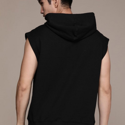 Men Black Solid Sleeveless Hooded Sweatshirt