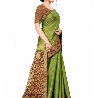 Olive Green & Brown Woven Design Zari Pure Silk Kanjeevaram Saree