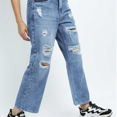 Women Blue Wide Leg Highly Distressed Heavy Fade Jeans