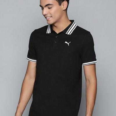 Men Black & White Printed Polo Collar Casual T-shirt