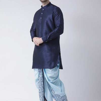 Men Blue Printed Dupion Silk Dhoti Pants