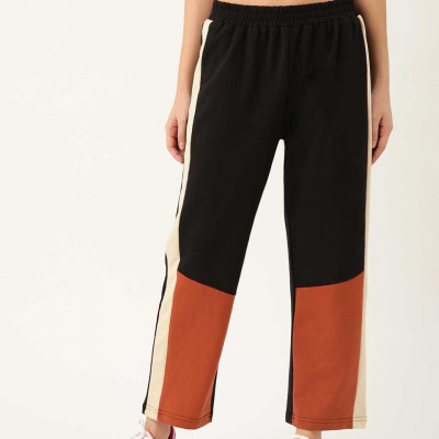 Women Black & Rust Orange Colourblocked Track Pants
