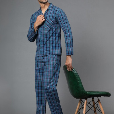Men Blue & Green Checked Night suit