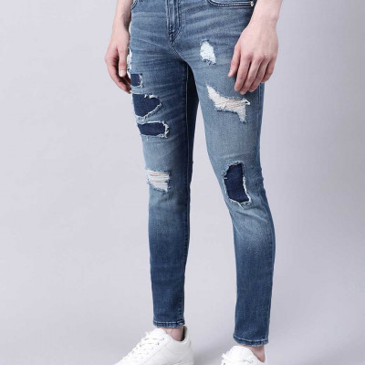 Men Blue Skinny Fit Highly Distressed Heavy Fade Jeans