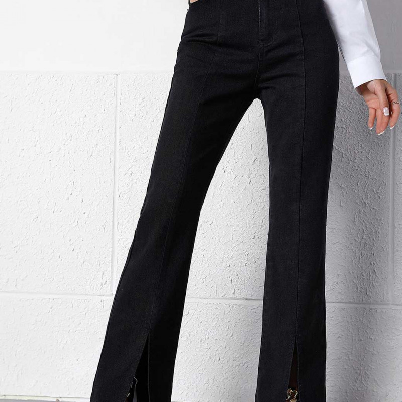 Women Black Wide Leg Slits Jeans