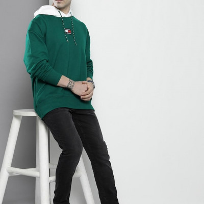 Men Green Brand Logo Applique Hooded Sweatshirt