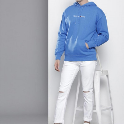 Men Blue Brand Logo Embroidered Hooded Pullover Sweatshirt
