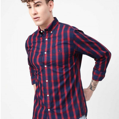 "Men Navy Blue Classic Striped Organic Cotton Casual Shirt "