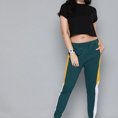 Women Green Solid Cropped Joggers With Side Panelling
