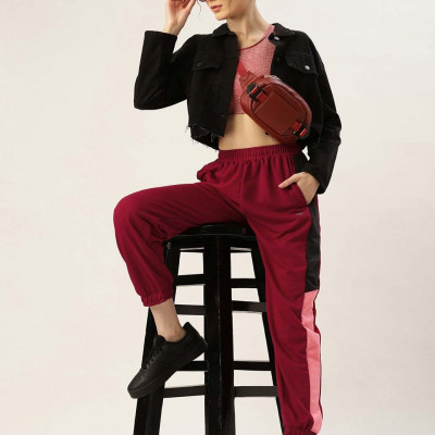 Women Maroon Solid Joggers with Side Striped Detail