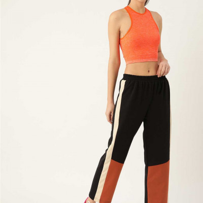 Women Black & Rust Orange Colourblocked Track Pants
