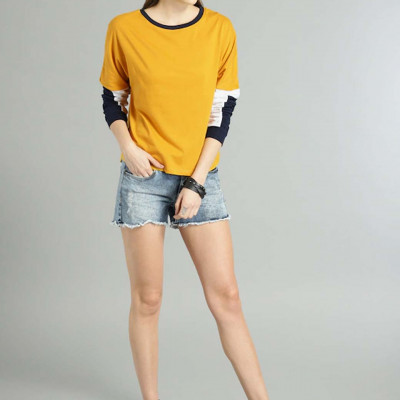 Women Yellow Solid Round Neck Knitted Pure Cotton T-shirt