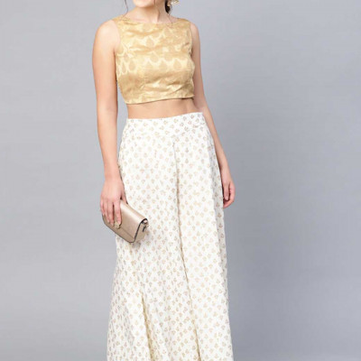 Women Off-White & Golden Printed Flared Palazzos