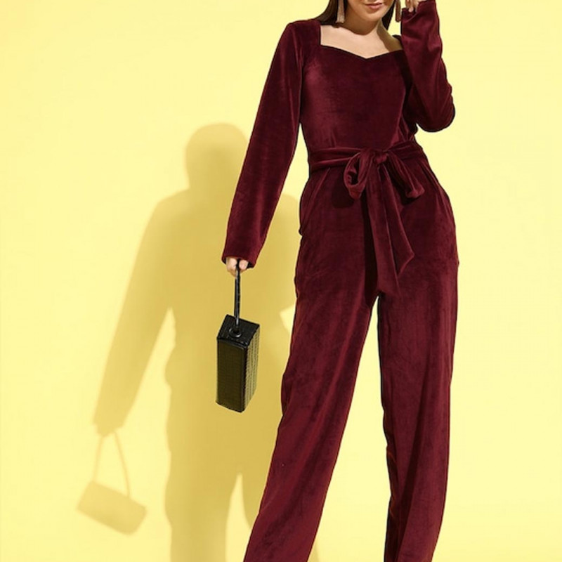 Women Burgundy Velvet Basic Jumpsuit