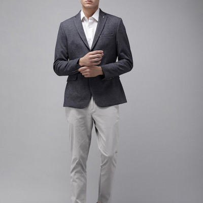 Men Navy Blue Self Design Slim Fit Single-Breasted Smart Casual Blazer