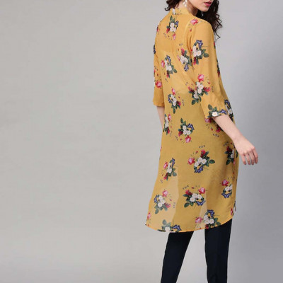 Mustard Yellow & Pink Floral Print Open Front Shrug