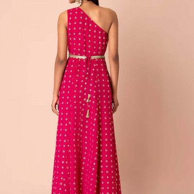 Women Pink One Shoulder Belted Ethnic Dress