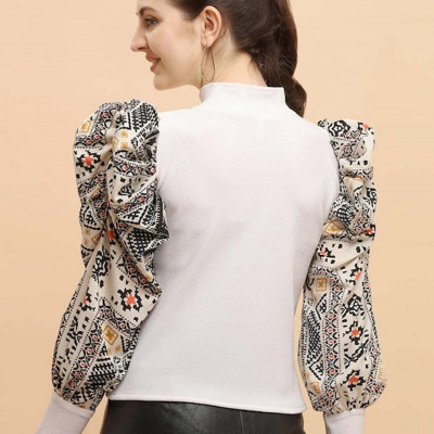 White Ethnic Motifs Printed Puff Sleeve Top