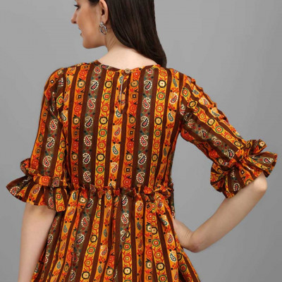 Yellow & Brown Printed Cinched Waist Top