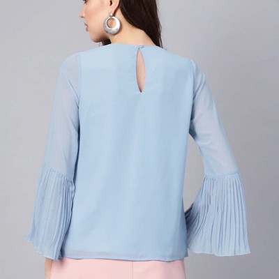 Blue Pleated Top With Frilled Hem