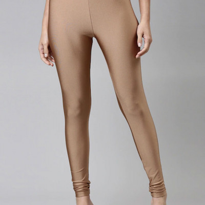 Women Gold Coloured Solid Shimmer Churidar Length Leggings